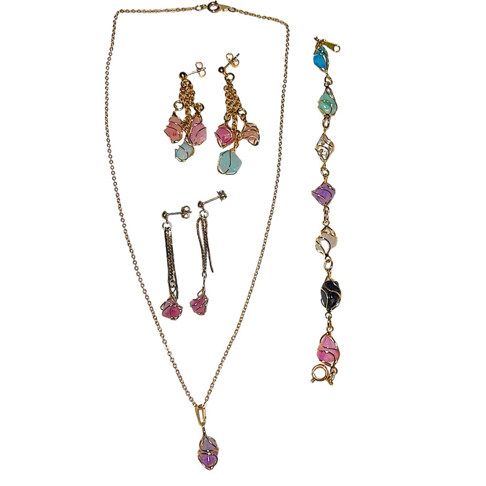 Vintage 1992‎ Avon Jewelry Set Earrings Necklace Bracelet Colorful Caged Stones